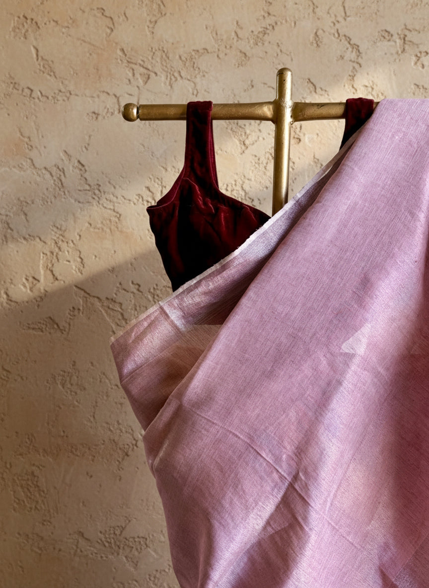 Pink beige handwoven linen saree