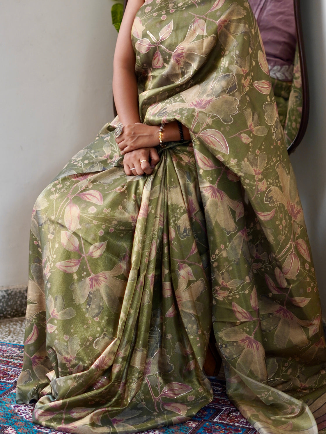 Green abstract tissue silk saree