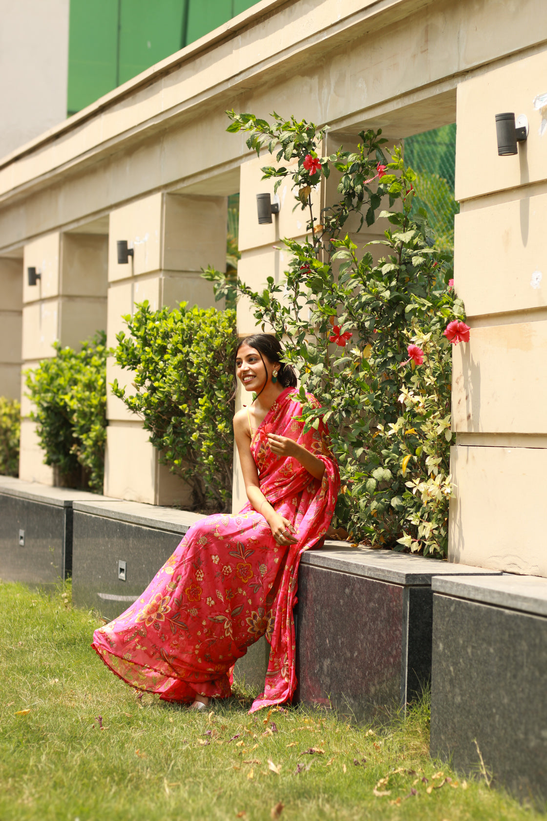 Pink chiffon saree