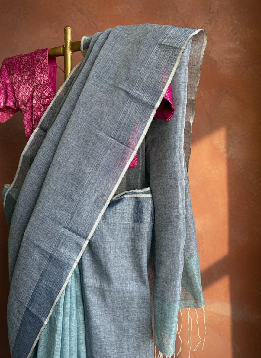 Blue linen zari saree