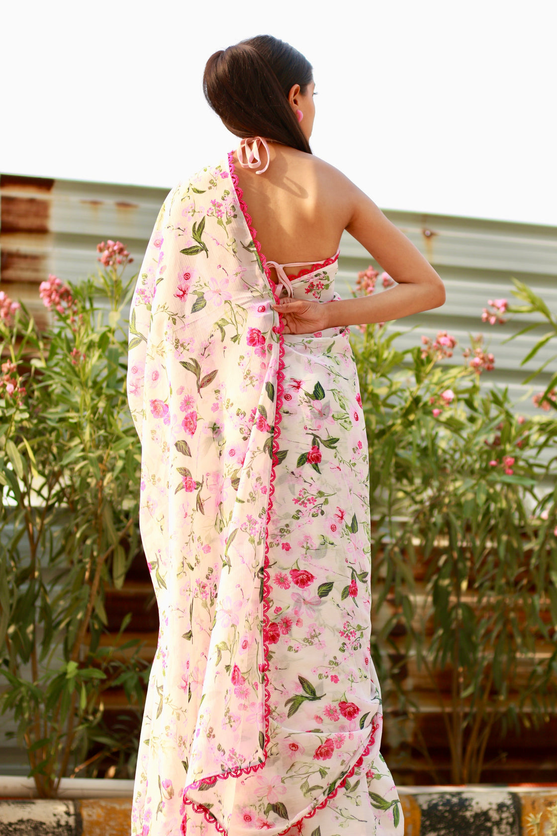 White Chiffon Floral Print Saree