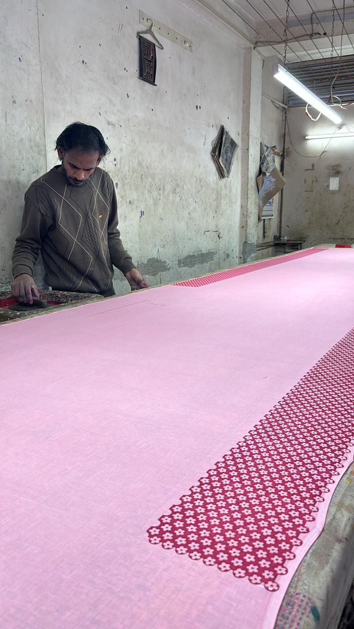 Pink summer soul block printed mulmul saree