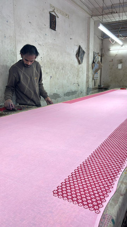 Pink summer soul block printed mulmul saree