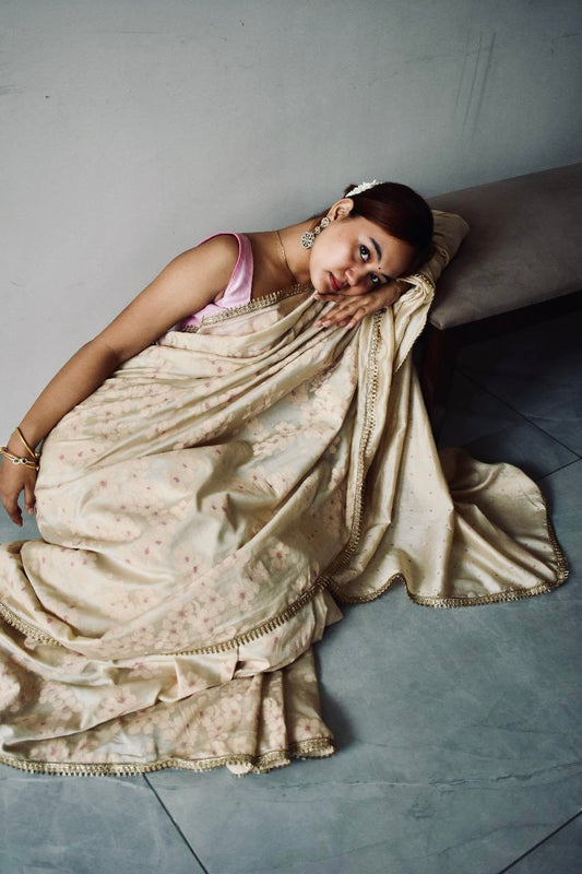 Beige blockprinted chanderi silk saree