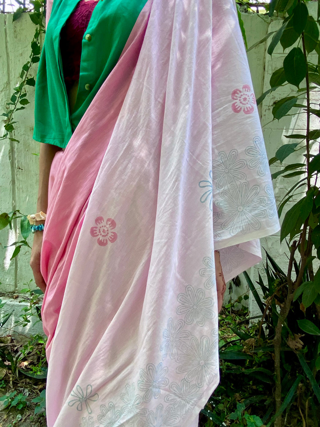 Pink ombré hand blockprinted cotton mulmul saree