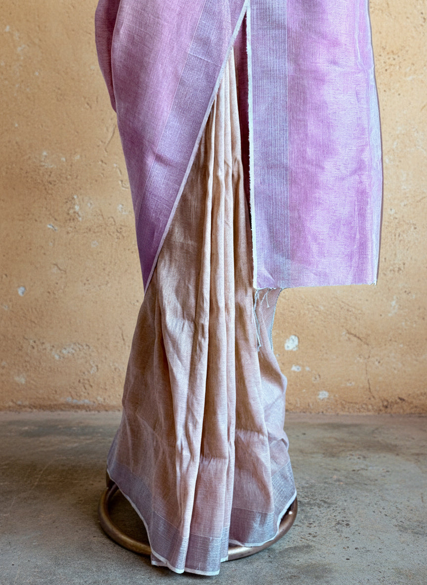 Pink beige handwoven linen saree