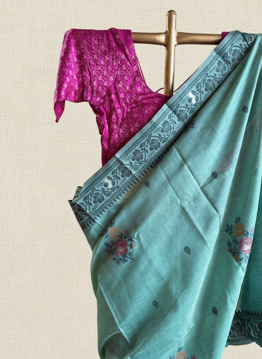 Teal chanderi cotton jamdani saree