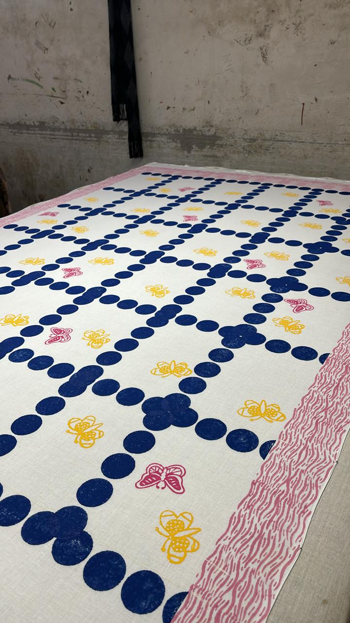 White yellow summer dream block printed mulmul saree