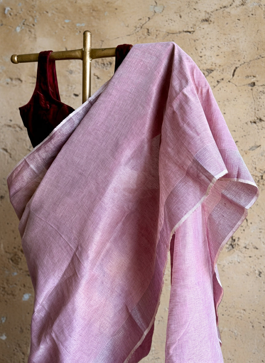 Pink beige handwoven linen saree