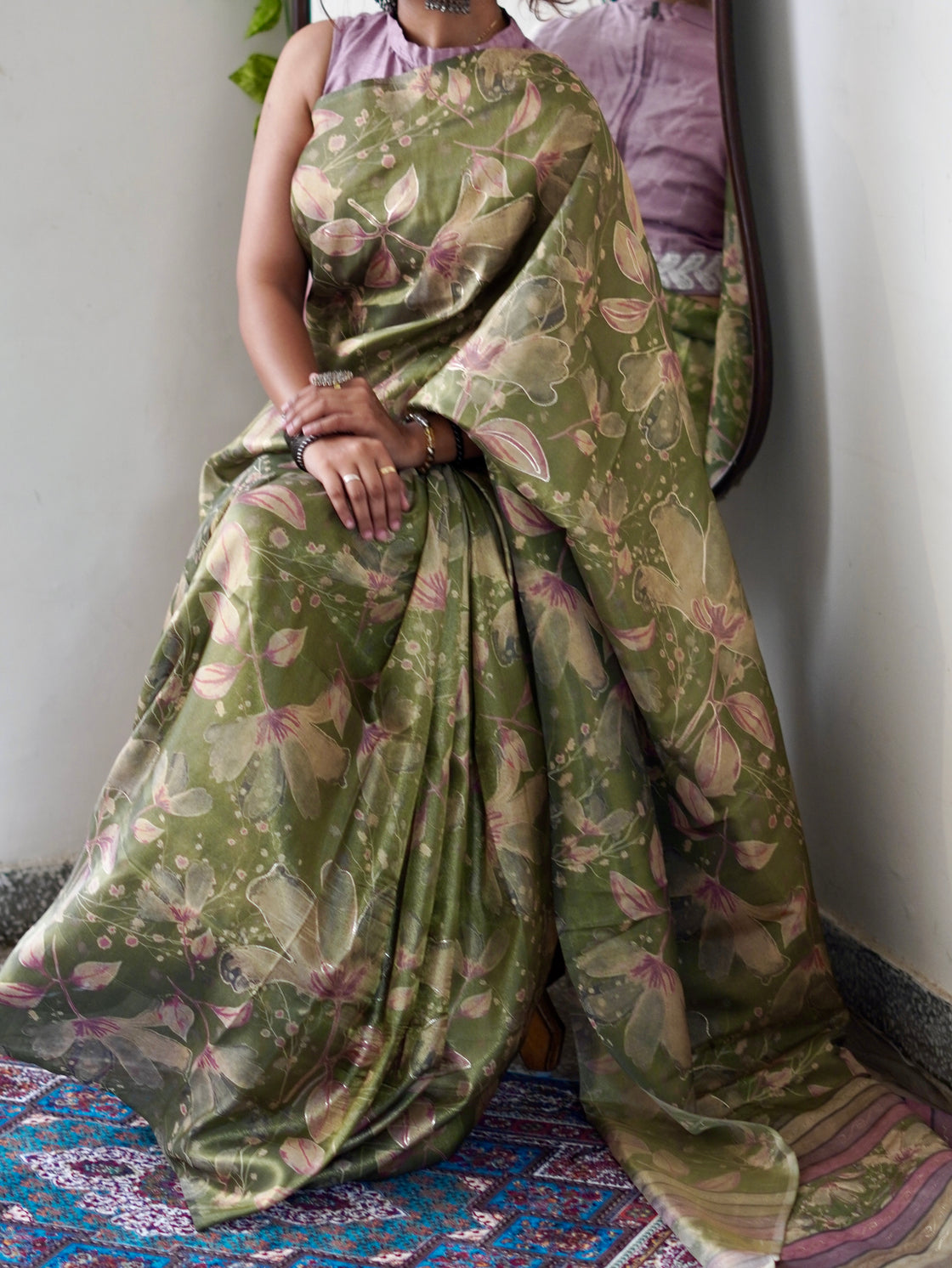 Green abstract tissue silk saree