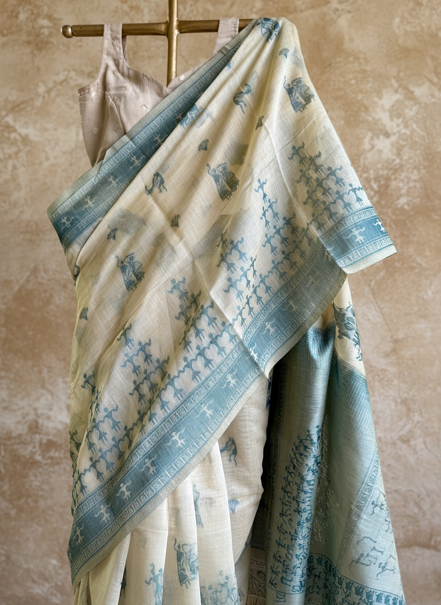 Teal green varli Chanderi cotton saree