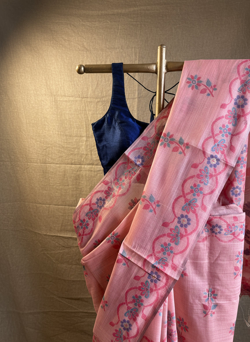 Peach chanderi cotton jamdani saree