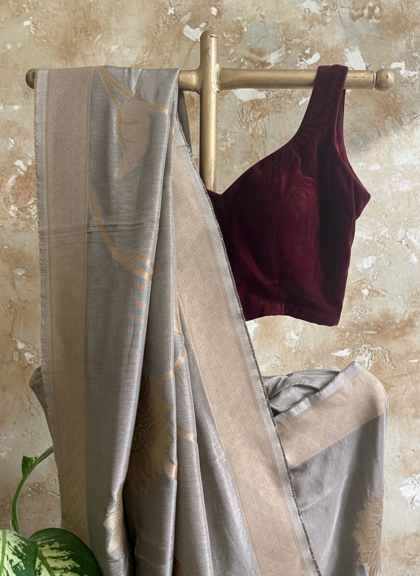 Grey silk banarasi saree