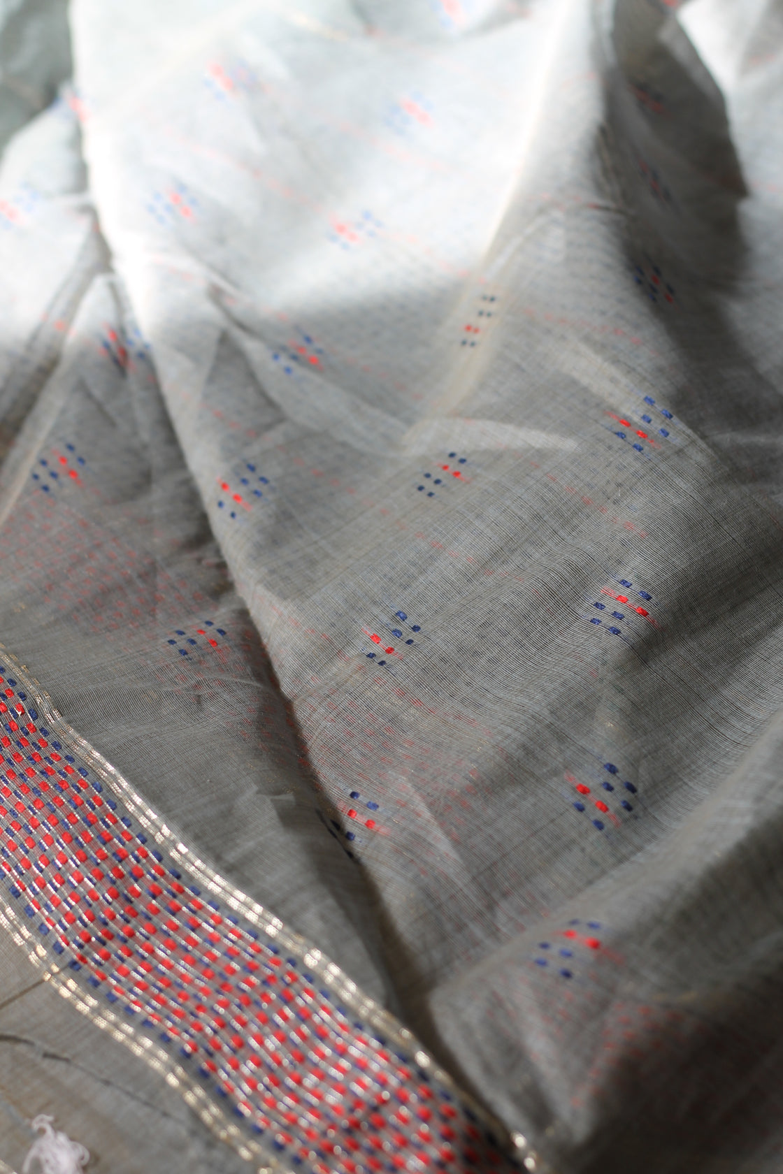 Grey chanderi cotton kantha saree