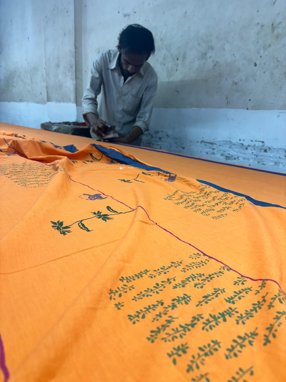 Orange summer candy block printed mulmul saree