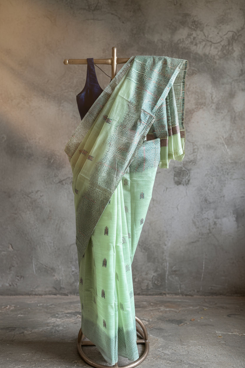 Calm green chanderi cotton kantha saree