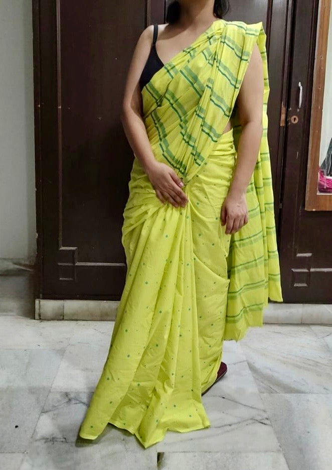 Neon yellow hand blockprinted cotton mulmul saree