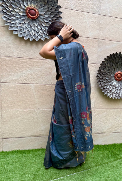 Grey chanderi cotton jamdani saree