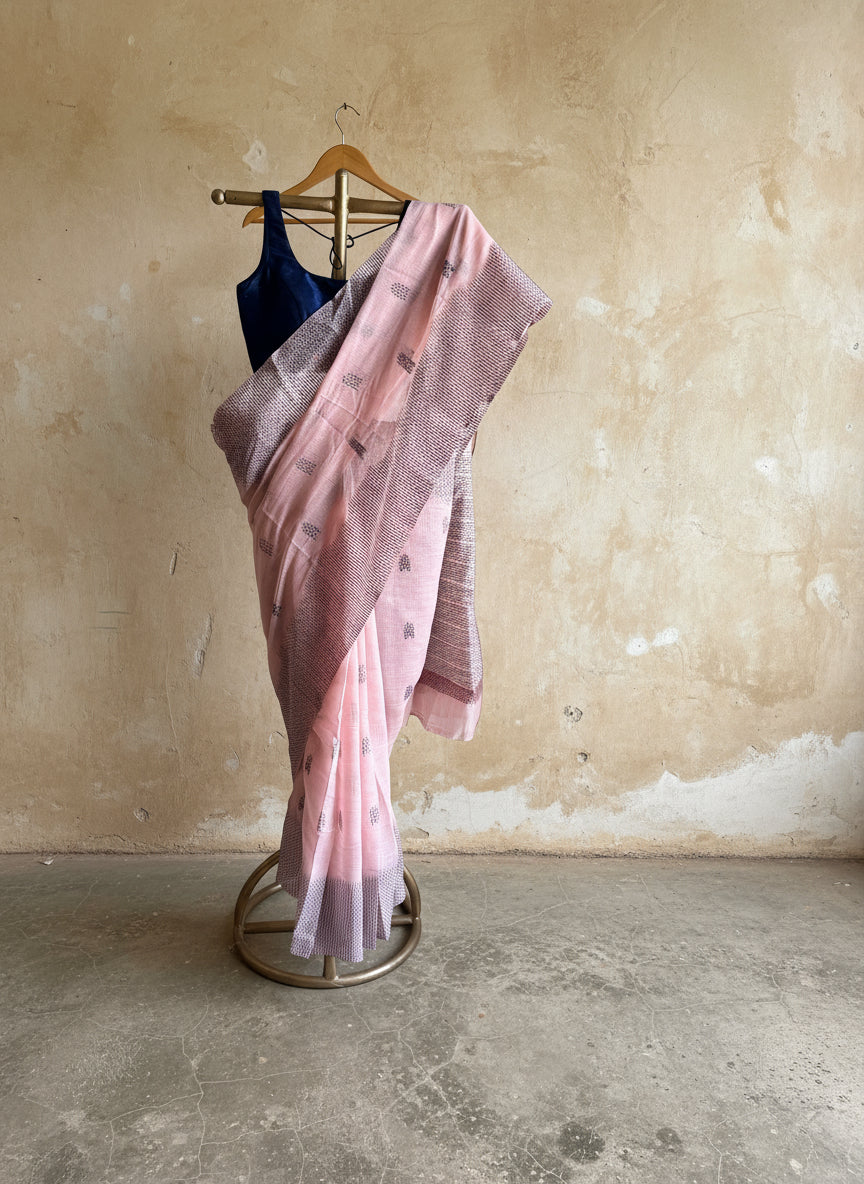 Peach chanderi cotton kantha saree