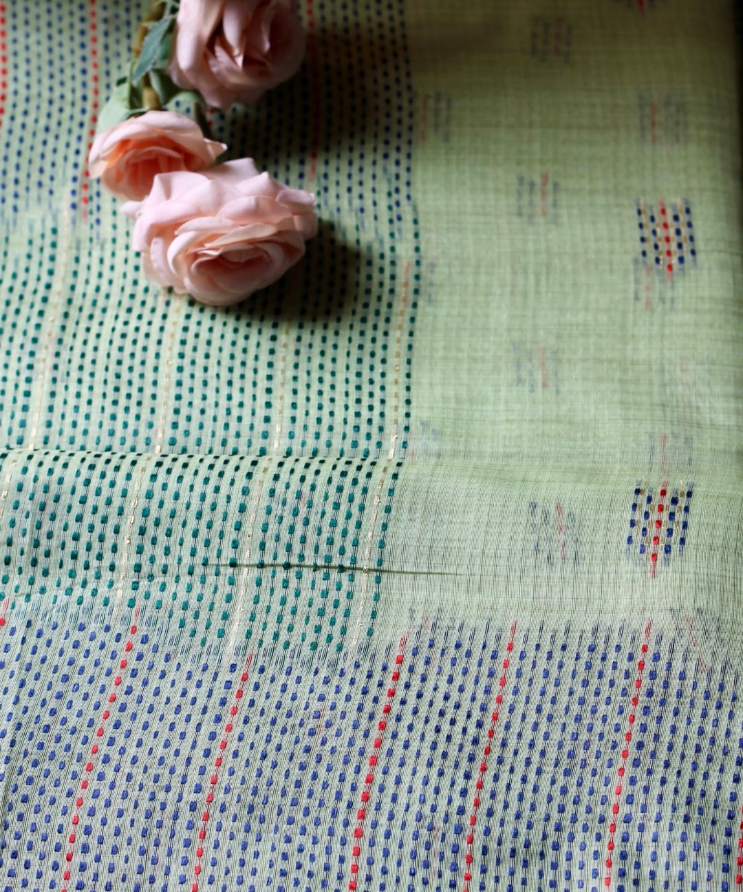 Calm green chanderi cotton kantha saree