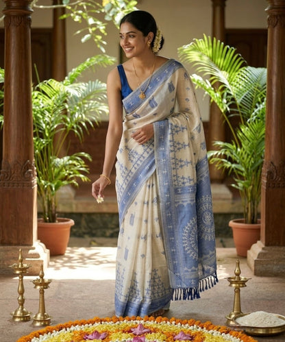 Blue varli chanderi cotton saree