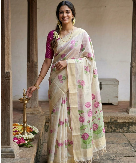 Pink lotus Chanderi cotton saree