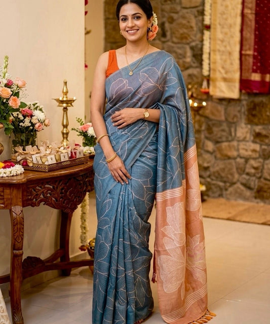 Dusk blue Floral Tissue silk saree
