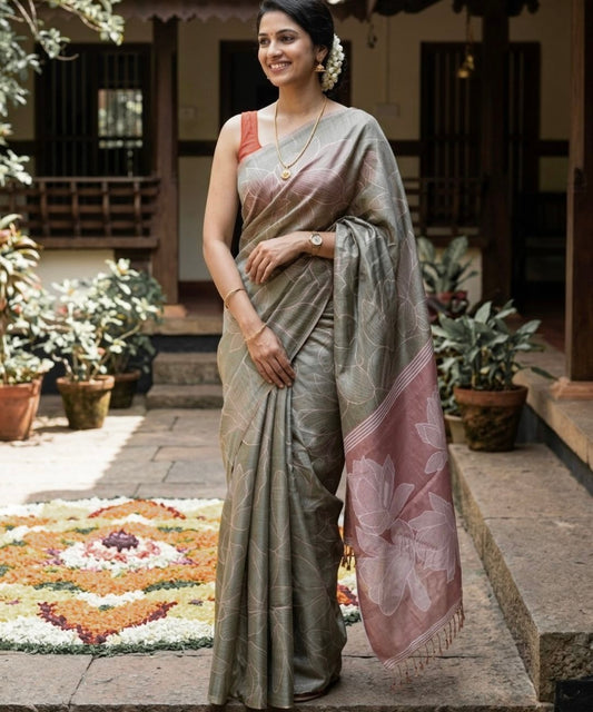 Olive Rust Tissue silk floral saree