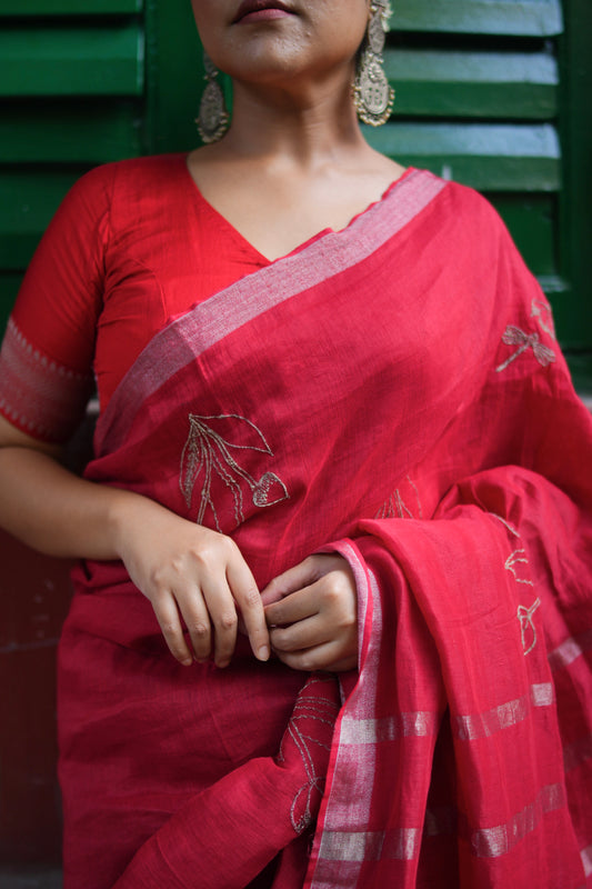 Red purple handwoven linen saree