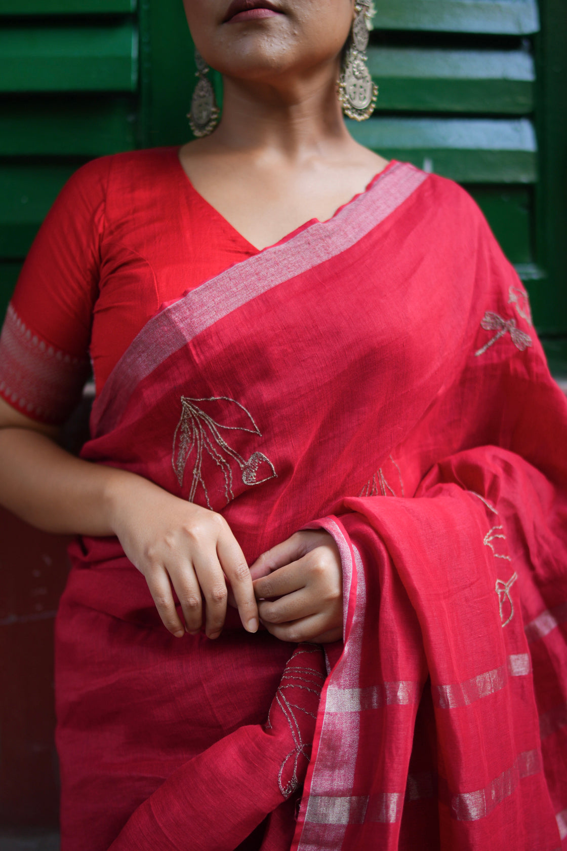Red purple handwoven linen saree