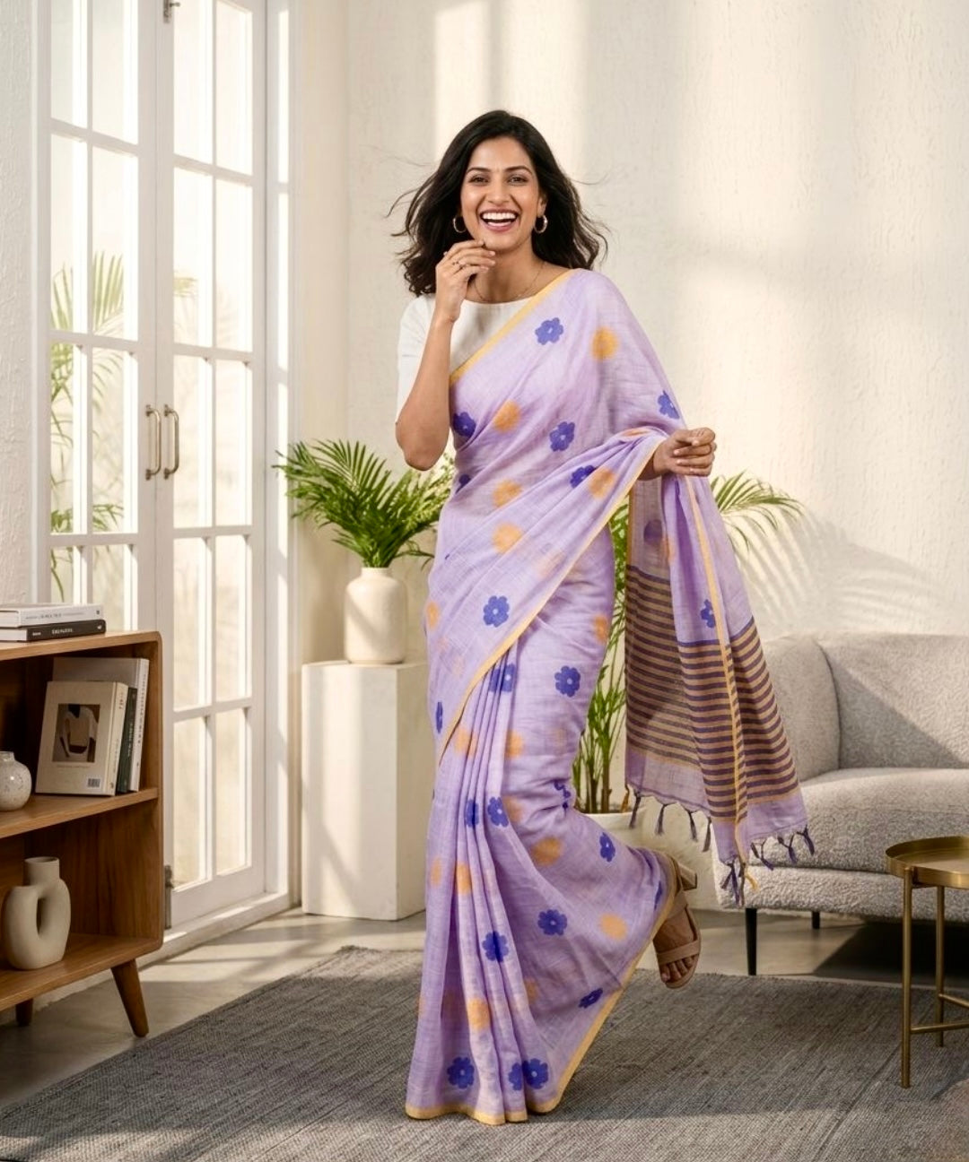 Lilac floral cotton saree