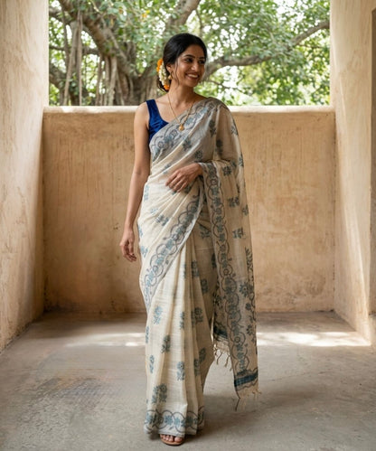 Cream chanderi cotton jamdani saree