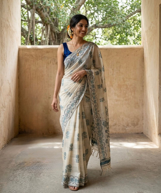 Cream chanderi cotton jamdani saree