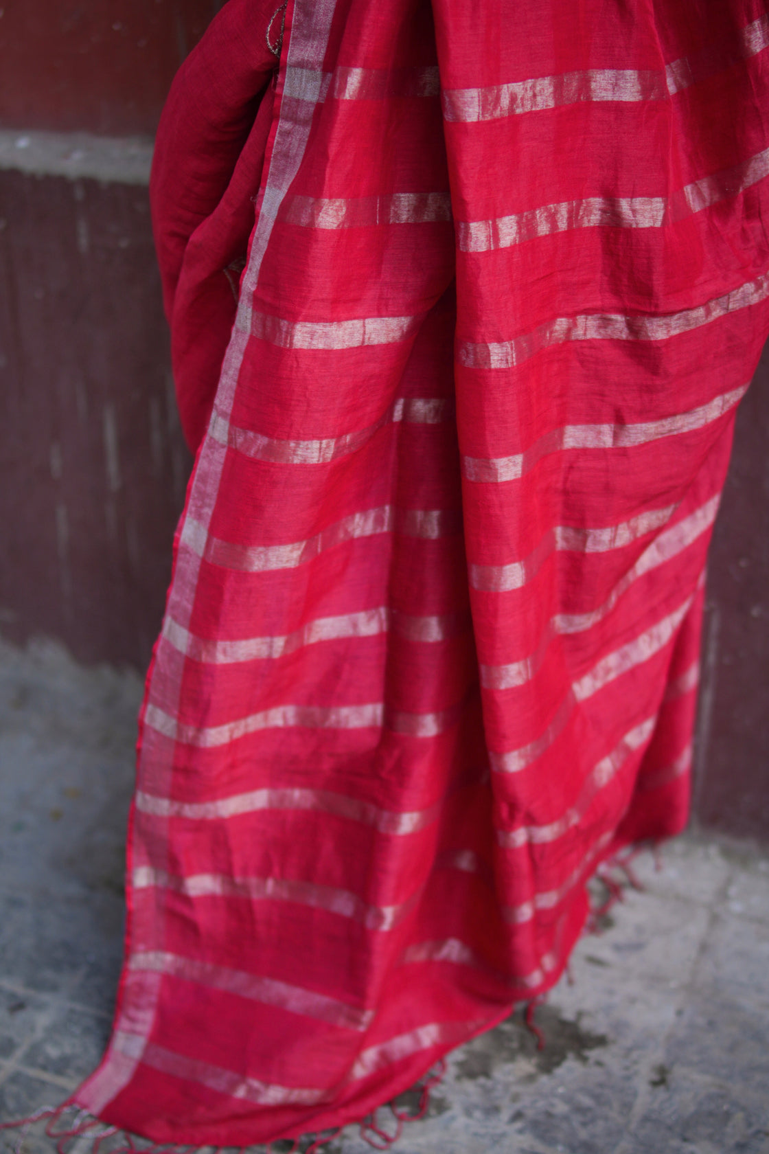 Red purple handwoven linen saree