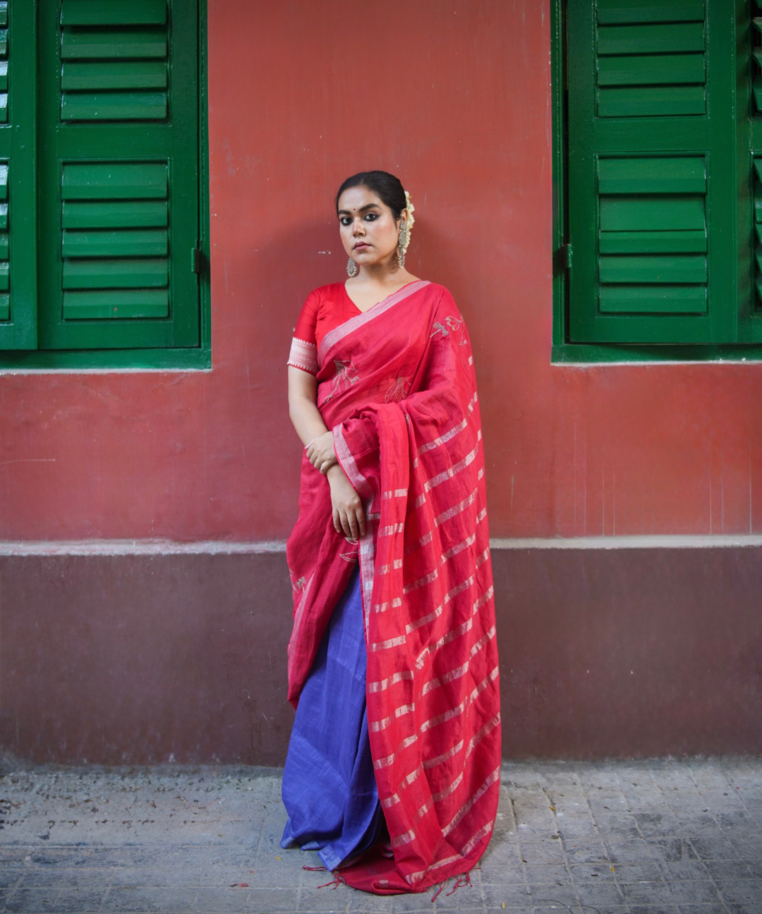 Red purple handwoven linen saree