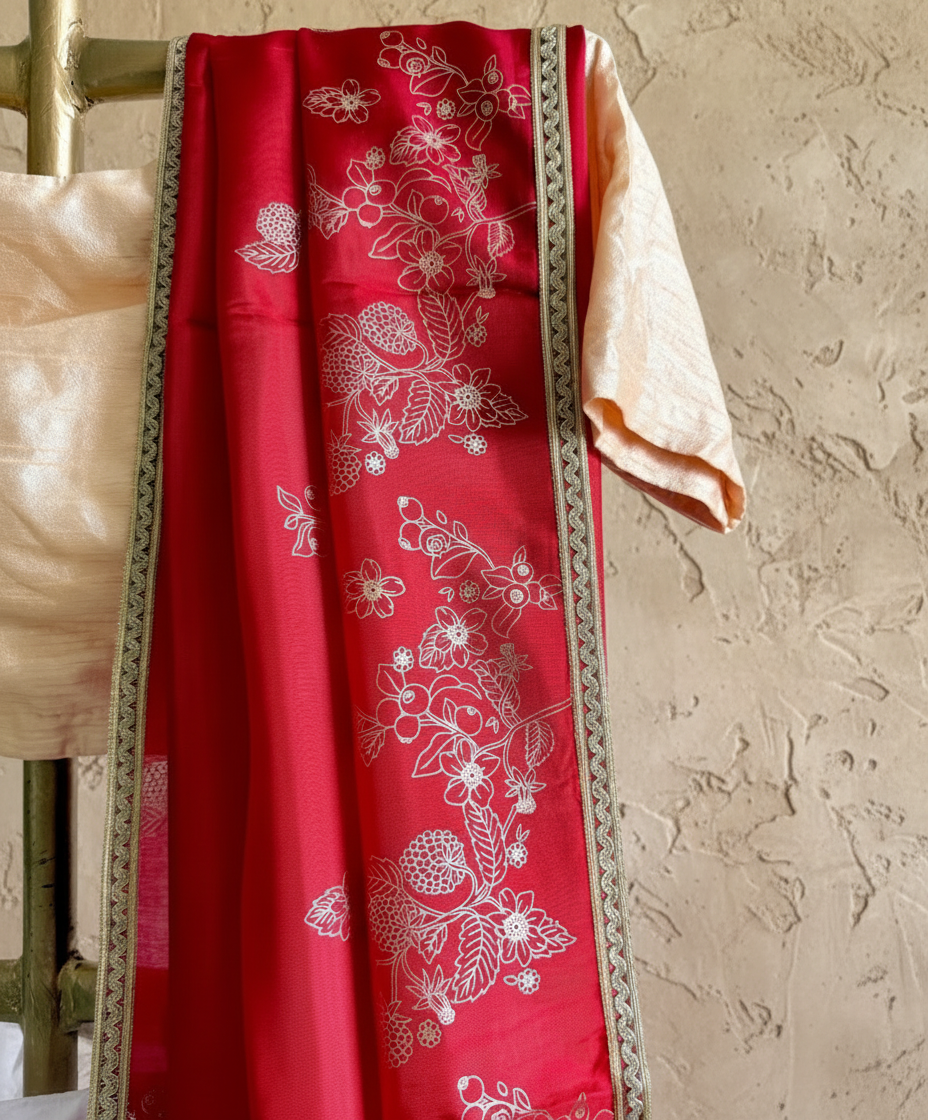 Red hand blockprinted Silk Saree