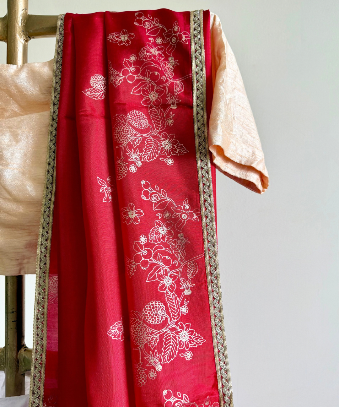 Red Hand Printed  Silk Saree