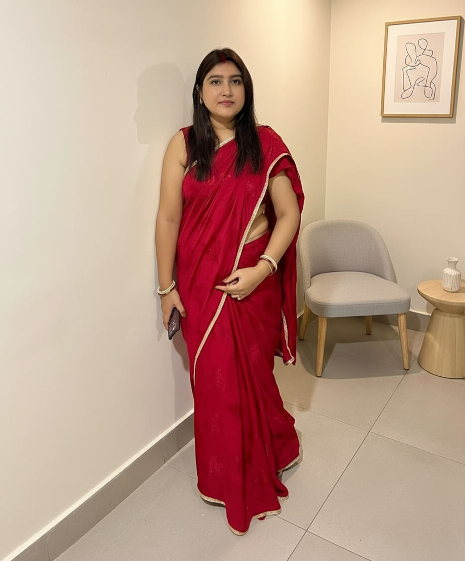 Red rose self print silk Saree