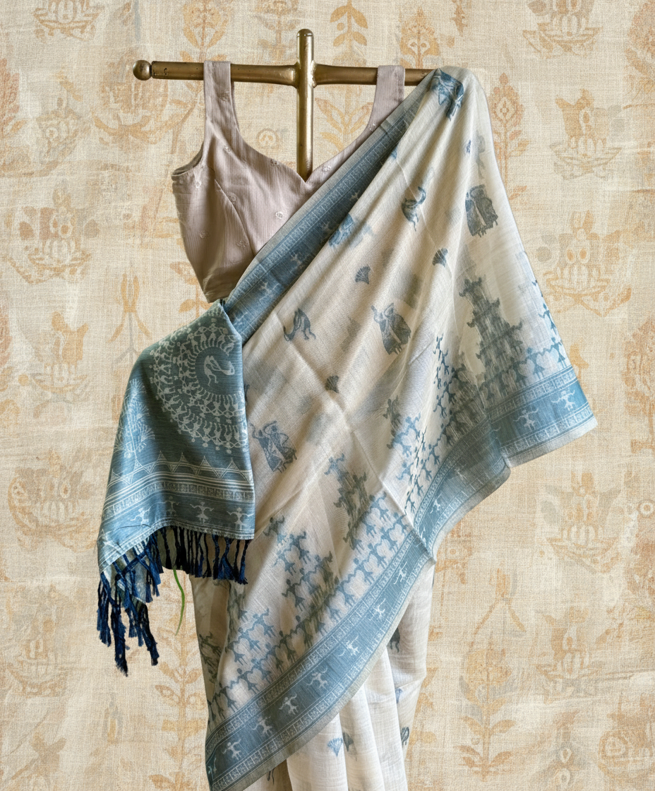 Teal green varli Chanderi cotton saree