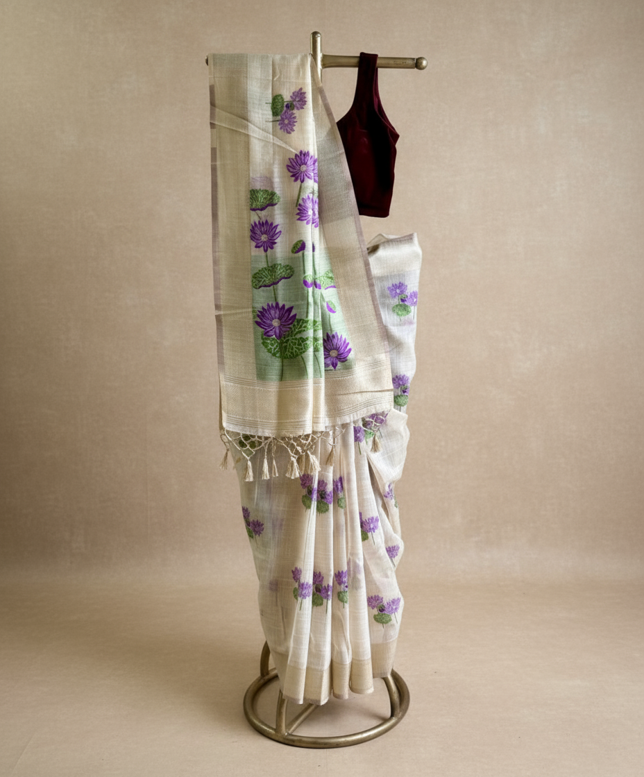 Happy purple lotus chanderi cotton saree