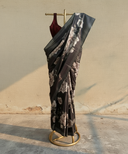 Bluish-black floral saree