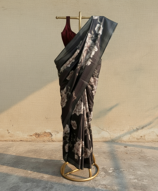Bluish-black floral saree