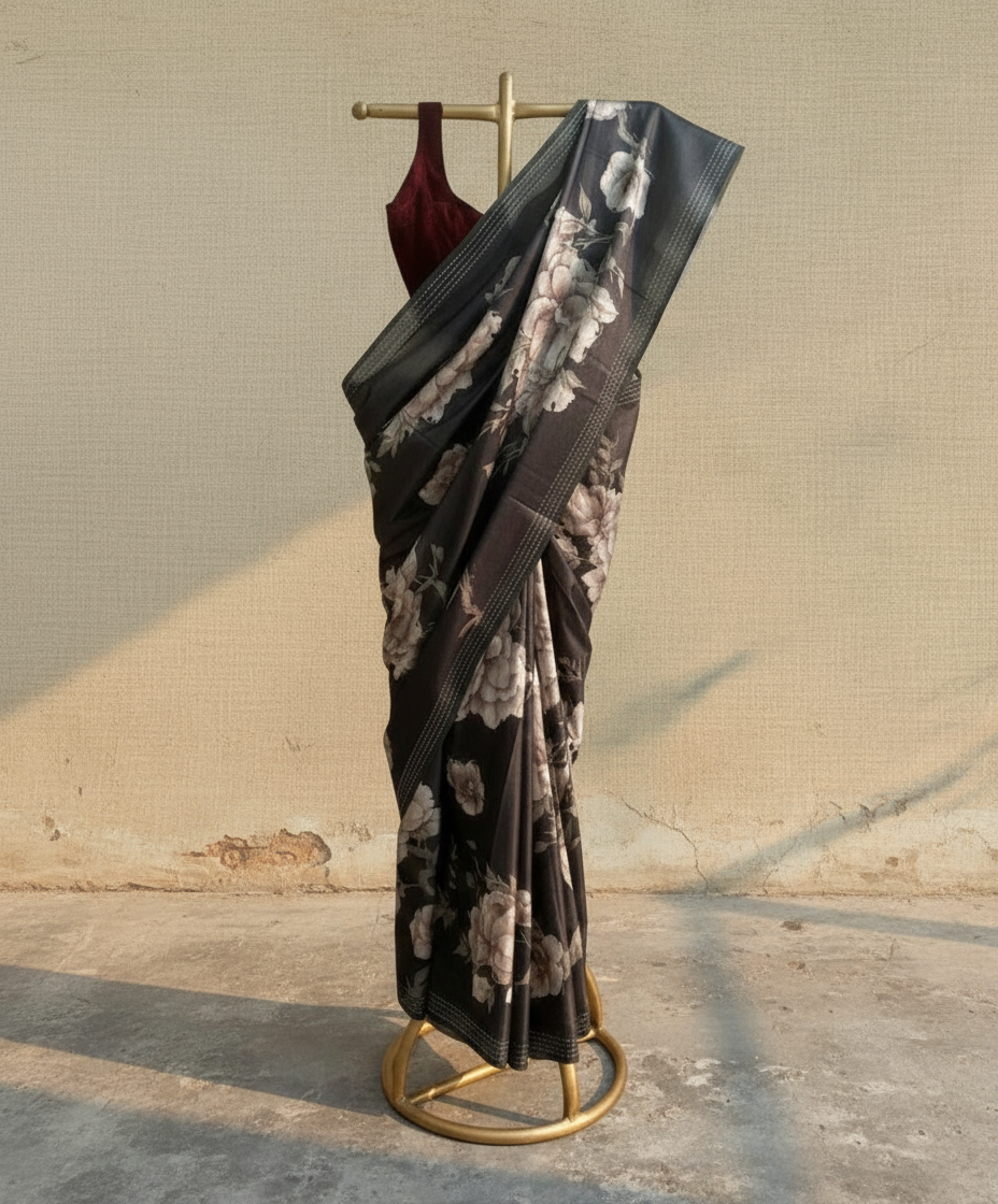 Bluish-black floral saree