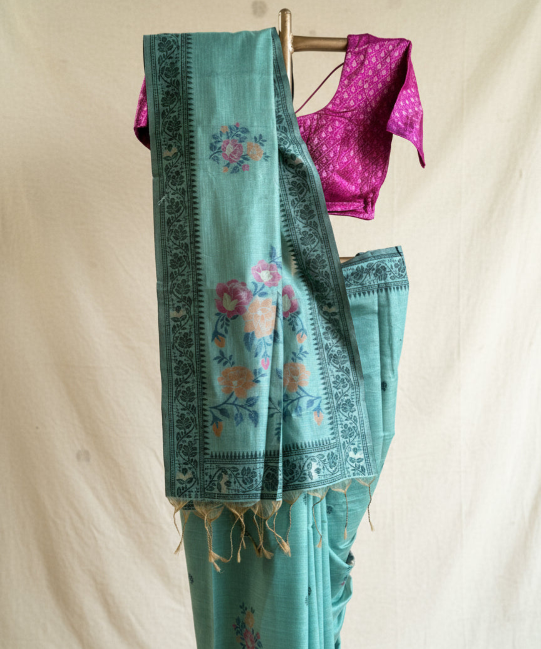 Teal chanderi cotton jamdani saree
