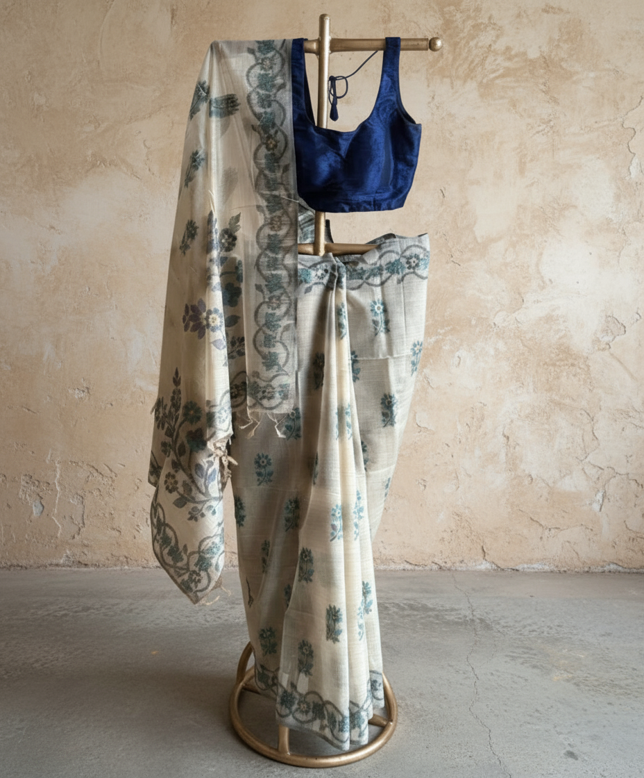 Cream chanderi cotton jamdani saree