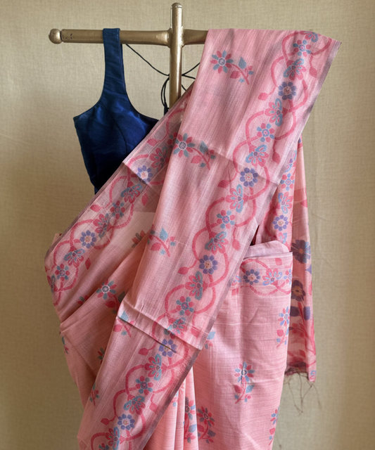 Peach chanderi cotton jamdani saree