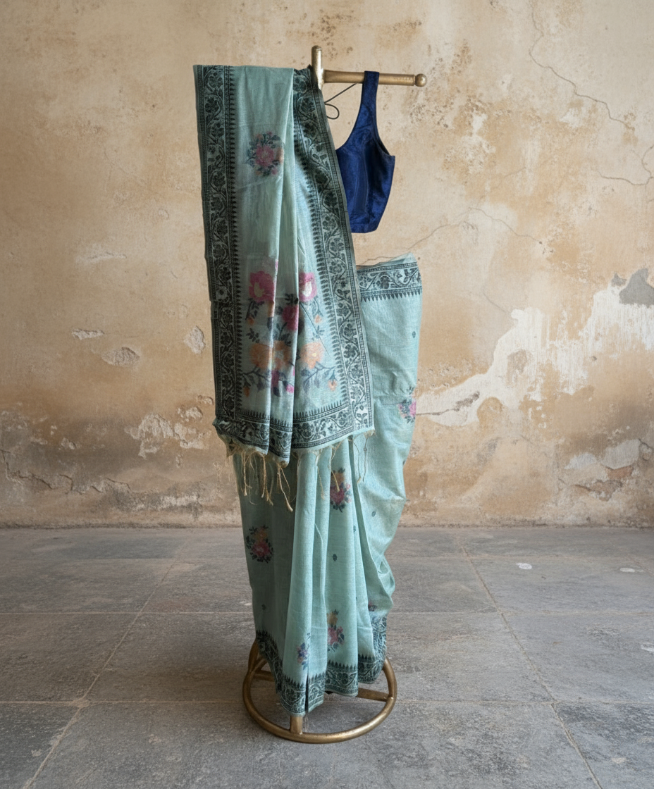 Sage green chanderi cotton jamdani saree