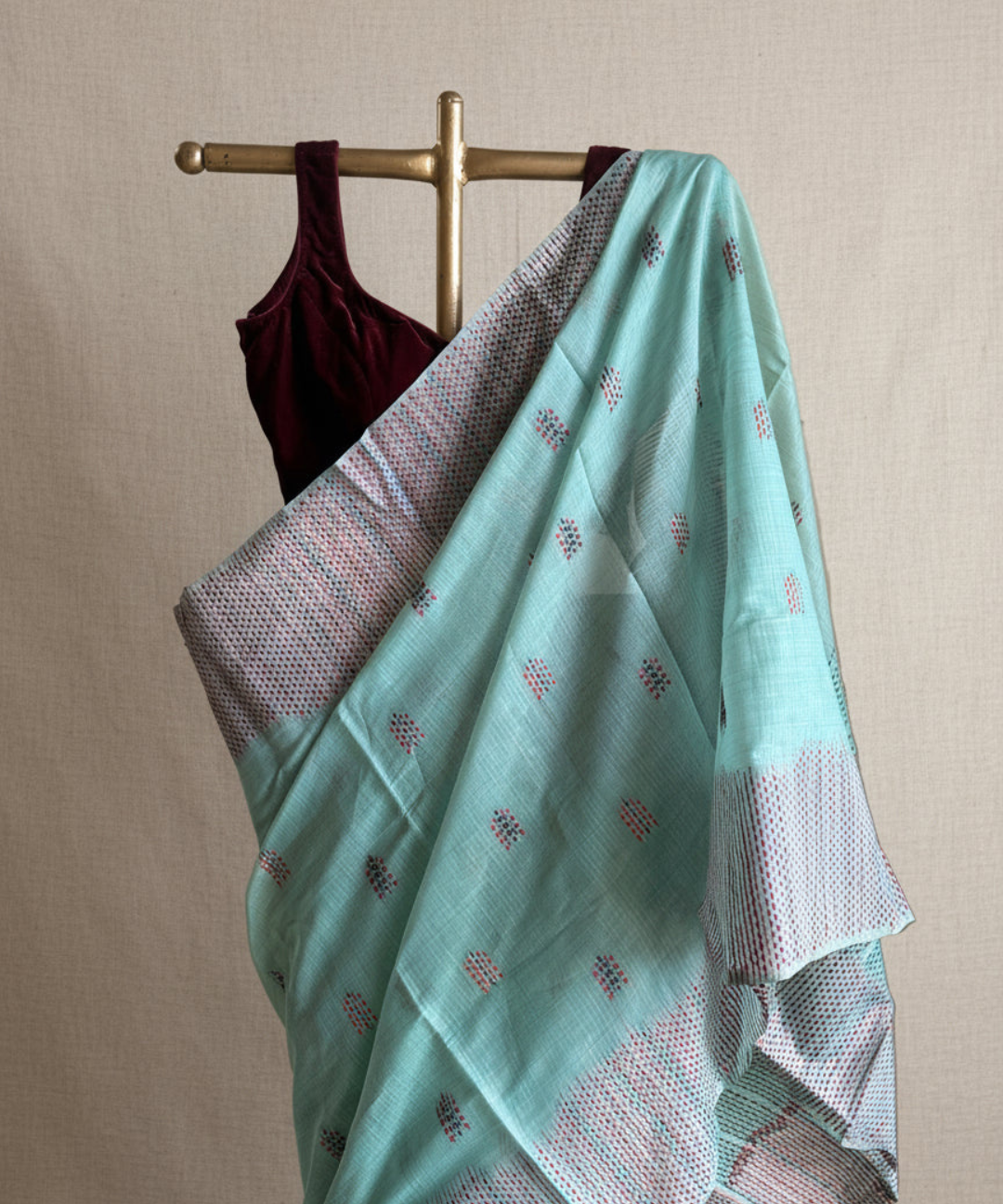 Sea green chanderi cotton kantha saree