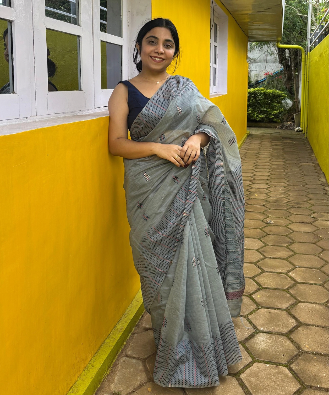 Grey chanderi cotton kantha saree