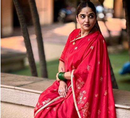 Red hand blockprinted Silk Saree